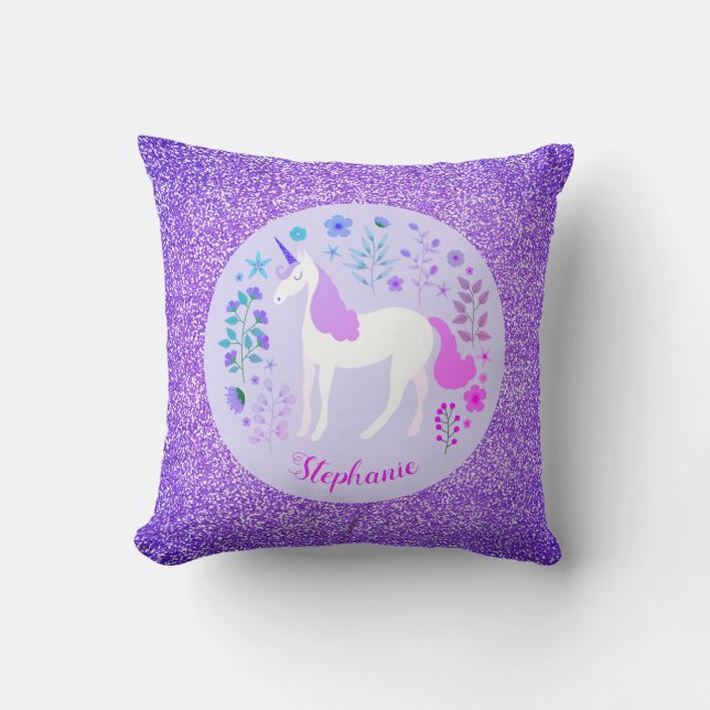 Unicorn Lila Glitter Personlig Namn Kudde (Framsida)