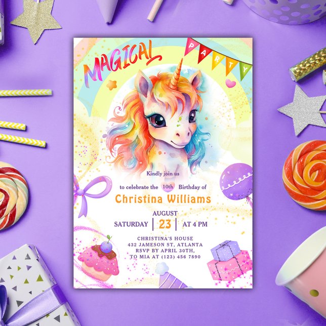 Unicorn Lila Rainbow Birthday Inbjudningar (Unicorn Purple Rainbow Birthday Invitation)
