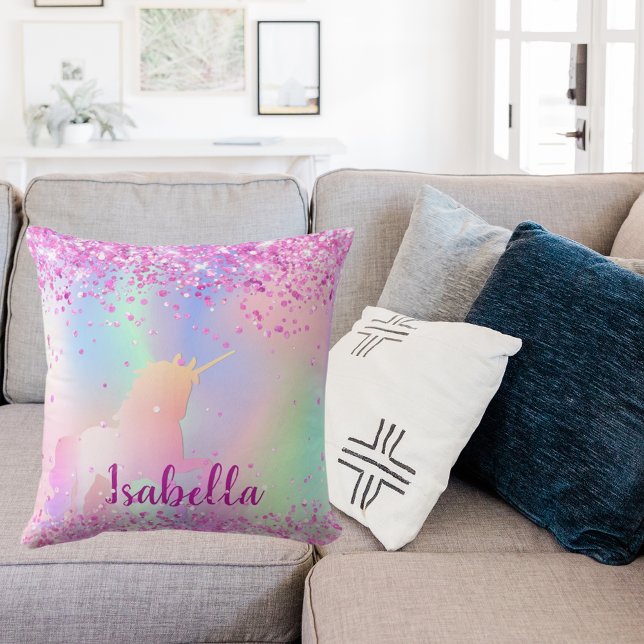 Unicorn lila  rosa glitter namn kudde (Skapare uppladdad)