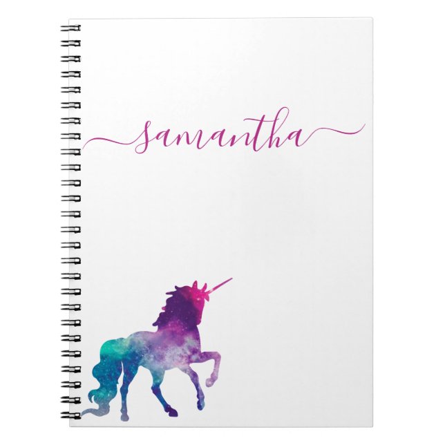 Unicorn lila rosa white monogram-skript anteckningsbok (Framsidan)