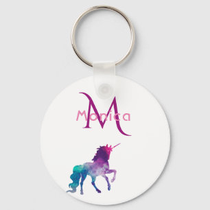 Unicorn lila rosa white monogramme nyckelring