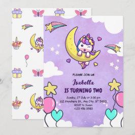 Unicorn Lila Two Girl Birthday-inbjudningskort Julkort