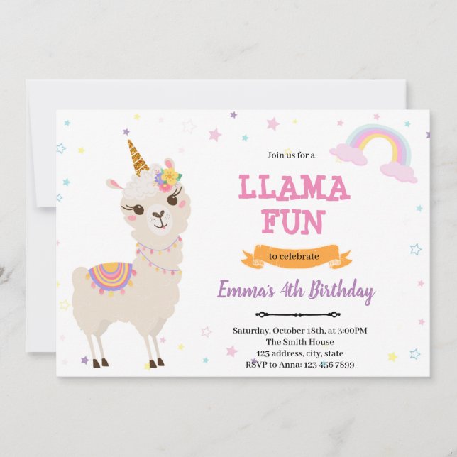 Unicorn llama-inbjudan tack kort (Framsida)