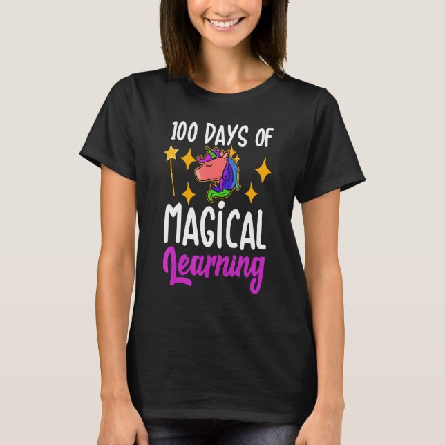 Unicorn Lycklig 100 Days of School Magic Learning T Shirt (Framsida)