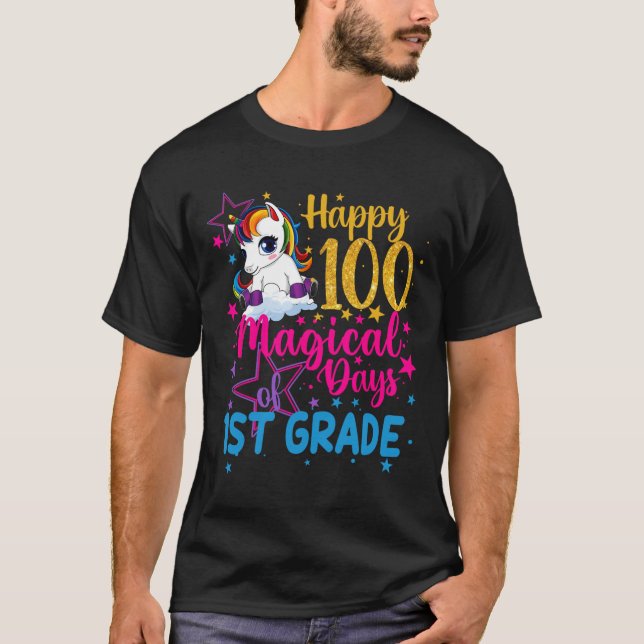 Unicorn Lycklig 100 Magiska dagar 1:a Klass T Shirt (Framsida)