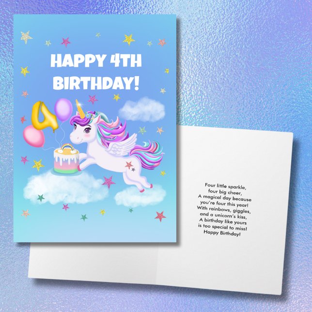 Unicorn lycklig 4e födelsedagen med födelsedagskum kort (Skapare uppladdad)