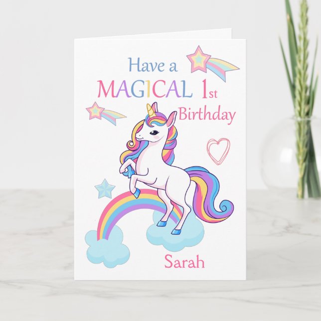 Unicorn Magic 1st Birthday Rosa Kort (Framsida)