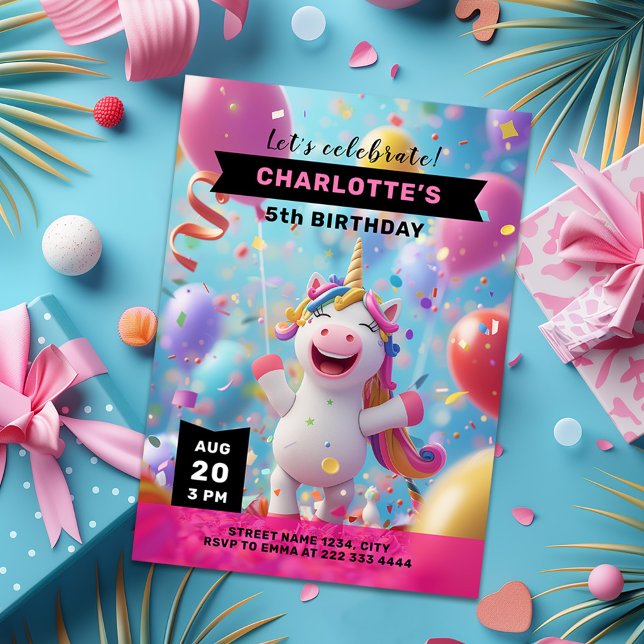 Unicorn Magic Balloon Birthday-firande Inbjudningar (Skapare uppladdad)