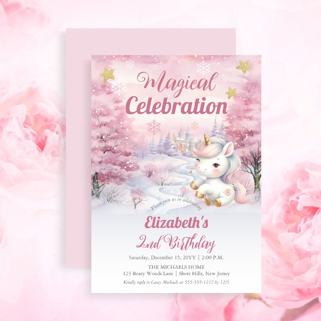 Unicorn Magic Firande 2:a födelsedagen Party Inbjudningar (Unicorn Pink Magical Celebration Mythical Creature Girl's 2nd Birthday Party Invitation)