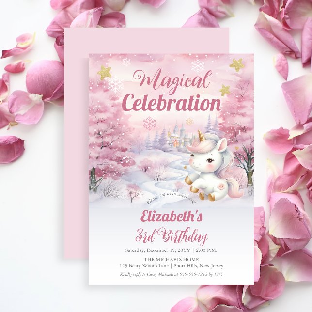 Unicorn Magic Firande 3:e födelsedagen Party Inbjudningar (Unicorn Pink Magical Celebration Mythical Creature Girl's 3rd Birthday Party Invitation)