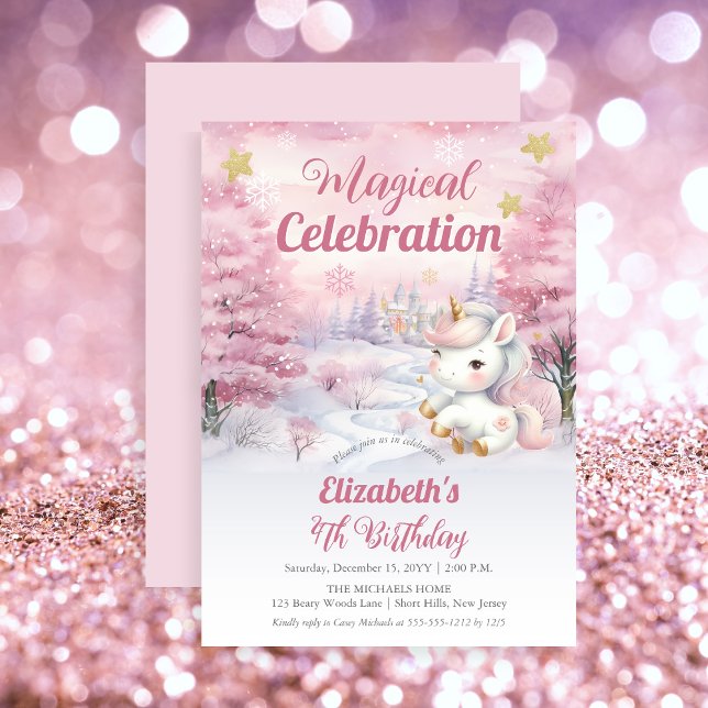 Unicorn Magic Firande 4e födelsedagen Party Inbjudningar (Unicorn Pink Magical Celebration Mythical Creature Girl's 4th Birthday Party Invitation)