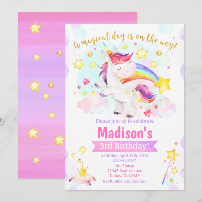 Unicorn Magic Födelsedagsfest inbjudan (Fram/baksida)