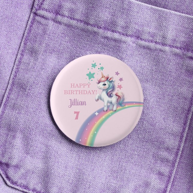 Unicorn Magic Födelsedagsfest Knapp (Girls Magical Unicorn Happy Birthday Button with Age)