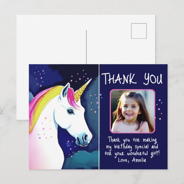 Unicorn Magic Girl Birthday Tack Vykort (Fram/baksida)