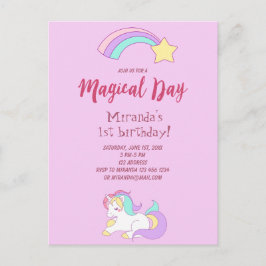 Unicorn Magic Girly 1:a födelsedamitbjudan Vykort