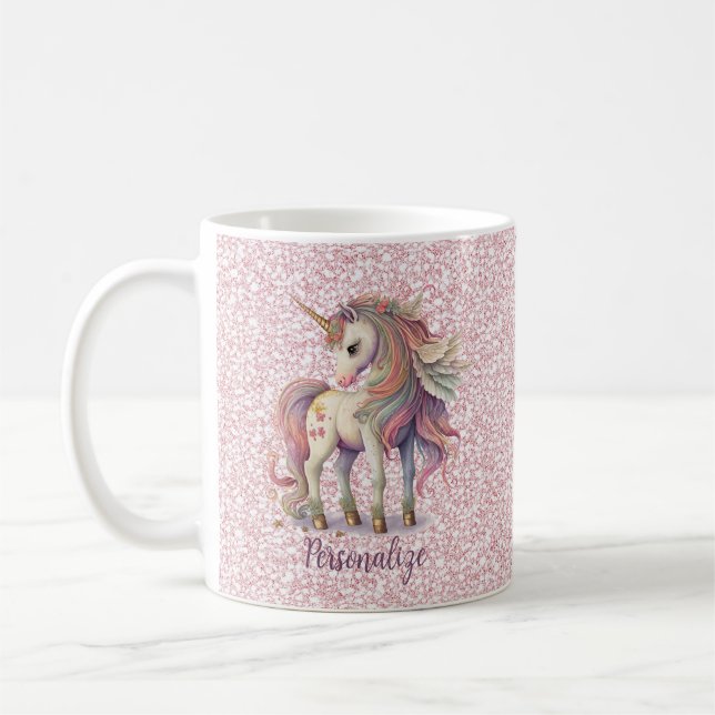 Unicorn Magic Rainbow Färg Rosa Glitter Kaffemugg (Vänster)
