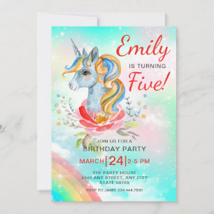 Unicorn Magic Rainbow Femte Födelsedagsfesten Invi Inbjudningar