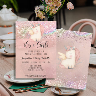 Unicorn Magic Rainbow Glitter Girl Baby Shower Inbjudningar