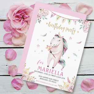 Unicorn Magic Rosa Blommigt Födelsedagsfest Inbjudningar