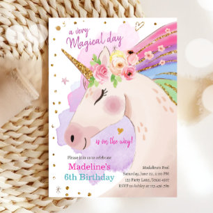 Unicorn Magic Rosa Guld Rainbow Girl Birthday Inbjudningar