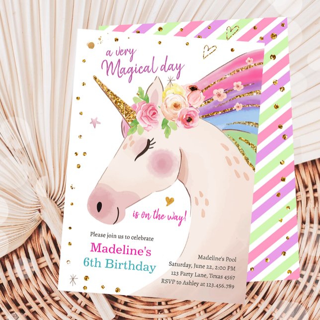 Unicorn Magic Rosa Guld Rainbow Girl Birthday Inbjudningar (Skapare uppladdad)