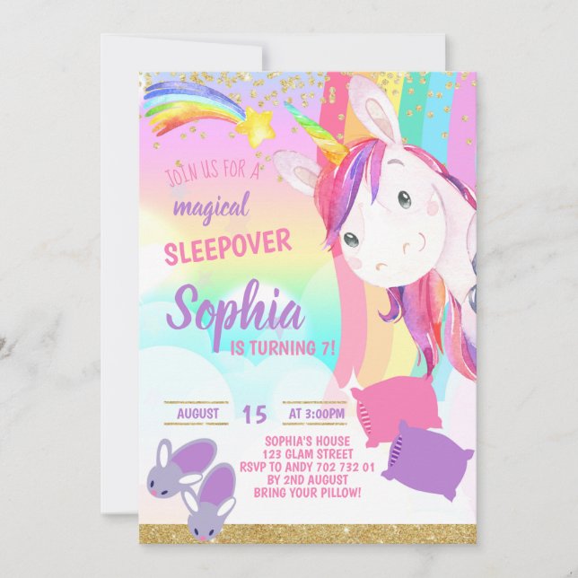 Unicorn Magic Sleepover Party Girl Birthday Inbjudningar (Framsida)
