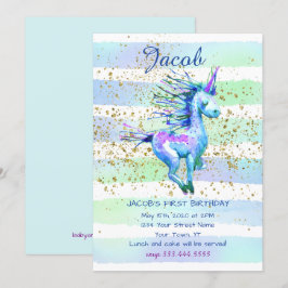 Unicorn Magic Watercolor Boy First Födelsedagsfest Inbjudningar
