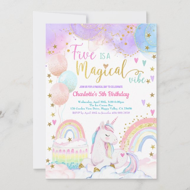 Unicorn Magical 5th Birthday Party Pastel Rainbow Inbjudningar (Framsida)