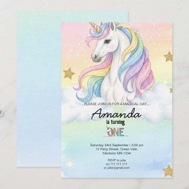 Unicorn Magical Birthday Party Invitation Card Inbjudningar (Fram/baksida)