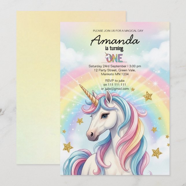Unicorn Magical Birthday Party Invitation Card Inbjudningar (Fram/baksida)