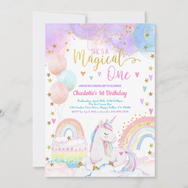 Unicorn Magical One Girl 1st Birthday Party Pastel Inbjudningar (Framsida)