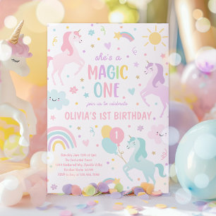 Unicorn Magone Pastel Rainbow 1 Birthday Inbjudningar