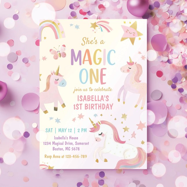 Unicorn Magone Pastel Rainbow 1 Birthday Inbjudningar (Skapare uppladdad)