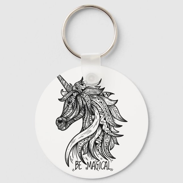 Unicorn Mandala Henna Doodle Black White Coola Nyckelring (Framsida)