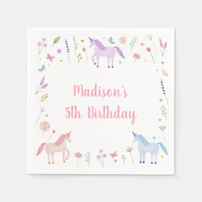 Unicorn Meadow Pastel Pink Gold Birthday Pappersservett (Framsidan)