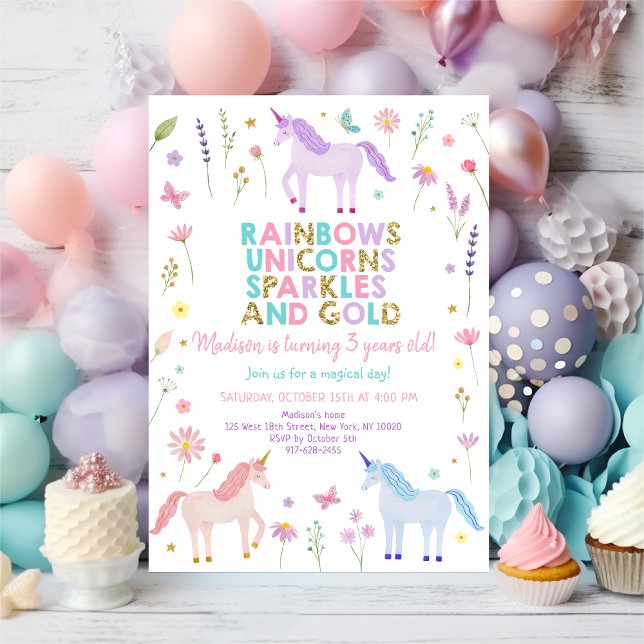Unicorn Meadow Pastel Pink Gold Flowers Birthday Inbjudningar (Skapare uppladdad)