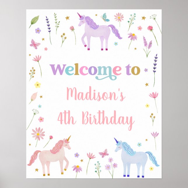 Unicorn Meadow Pastel Rosa Guld Birthday Poster (Framsidan)