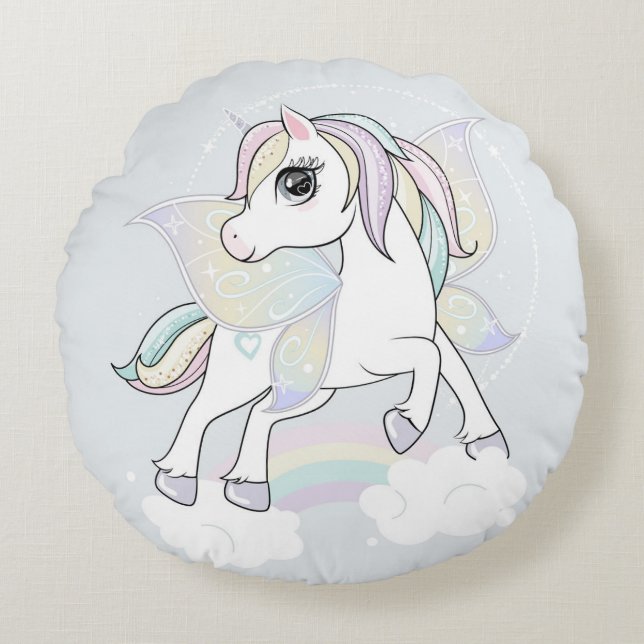 Unicorn med Butterfly Vingar Rund Kudde (Framsidan)