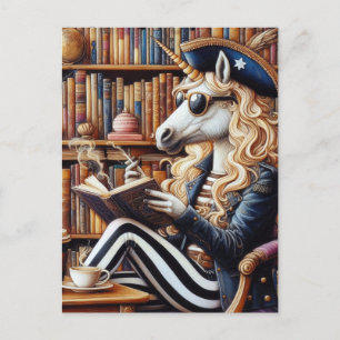 Unicorn med kaffe i Pirat i en bokhandel Vykort