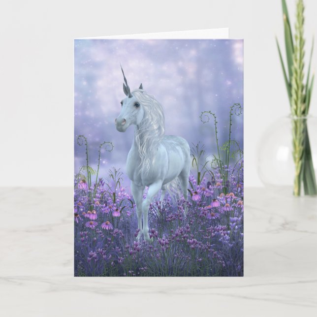 Unicorn med Lila blommor Tack Kort (Framsida)