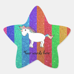 Unicorn med regnbåge glitter rand stjärnformat klistermärke