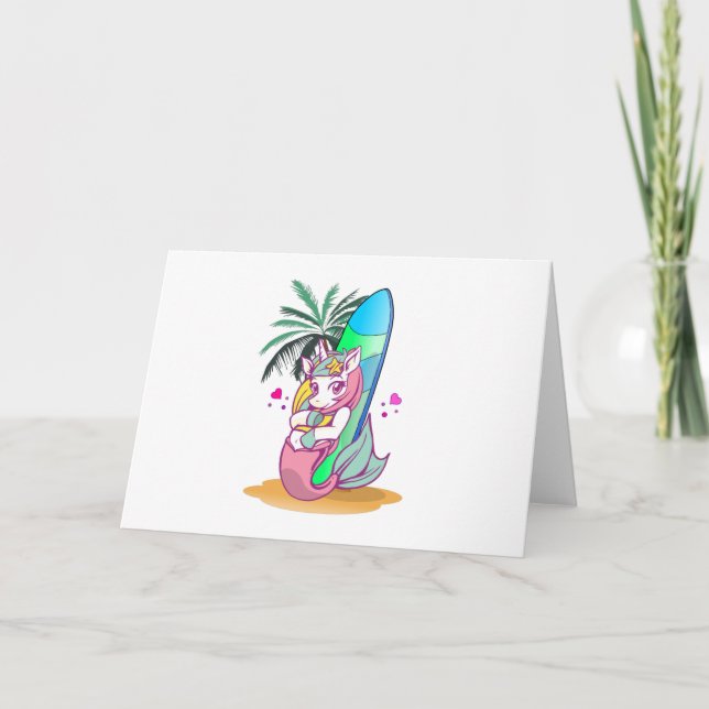 Unicorn med surfboard på stranden kort (Framsida)