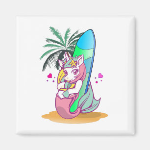 Unicorn med surfboard på stranden magnet