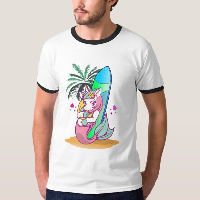 Unicorn med surfboard på stranden t shirt (Framsida)