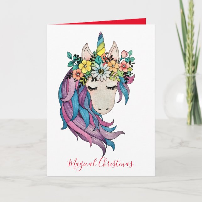 Unicorn med Vild Flowers i vattenfärg Kort (Framsida)
