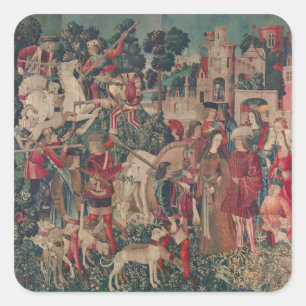 Unicorn Medieval Art - Jägare återvänder till Cast Fyrkantigt Klistermärke