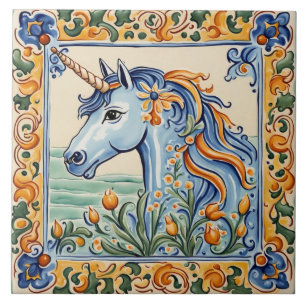 Unicorn Mediterranean Gult & Blue Folk Blommigt Kakelplatta