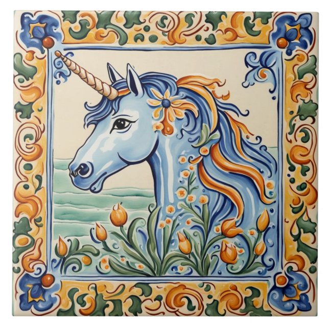Unicorn Mediterranean Gult & Blue Folk Blommigt Kakelplatta (Framsidan)