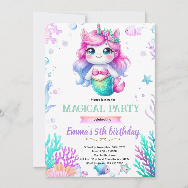 Unicorn mermaid themed invite inbjudningar (Framsida)
