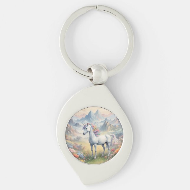 Unicorn Metall Keychain Swirl Silverfärgad Nyckelring (Framsidan)